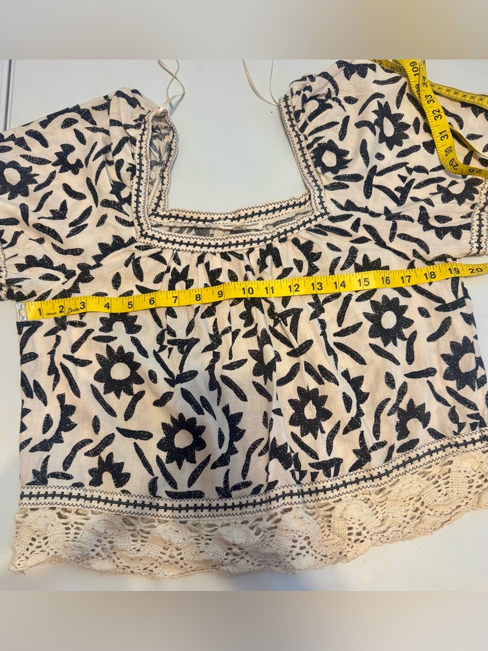 Christian Siriano Boho Linen Blend Embroidered Square Neck Puff Sleeve Blouse L - Picture 8 of 9